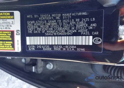 2021 Lexus Es 350 F Sport z USA, uszkodzony, nr VIN 58AGZ1B15MU091947